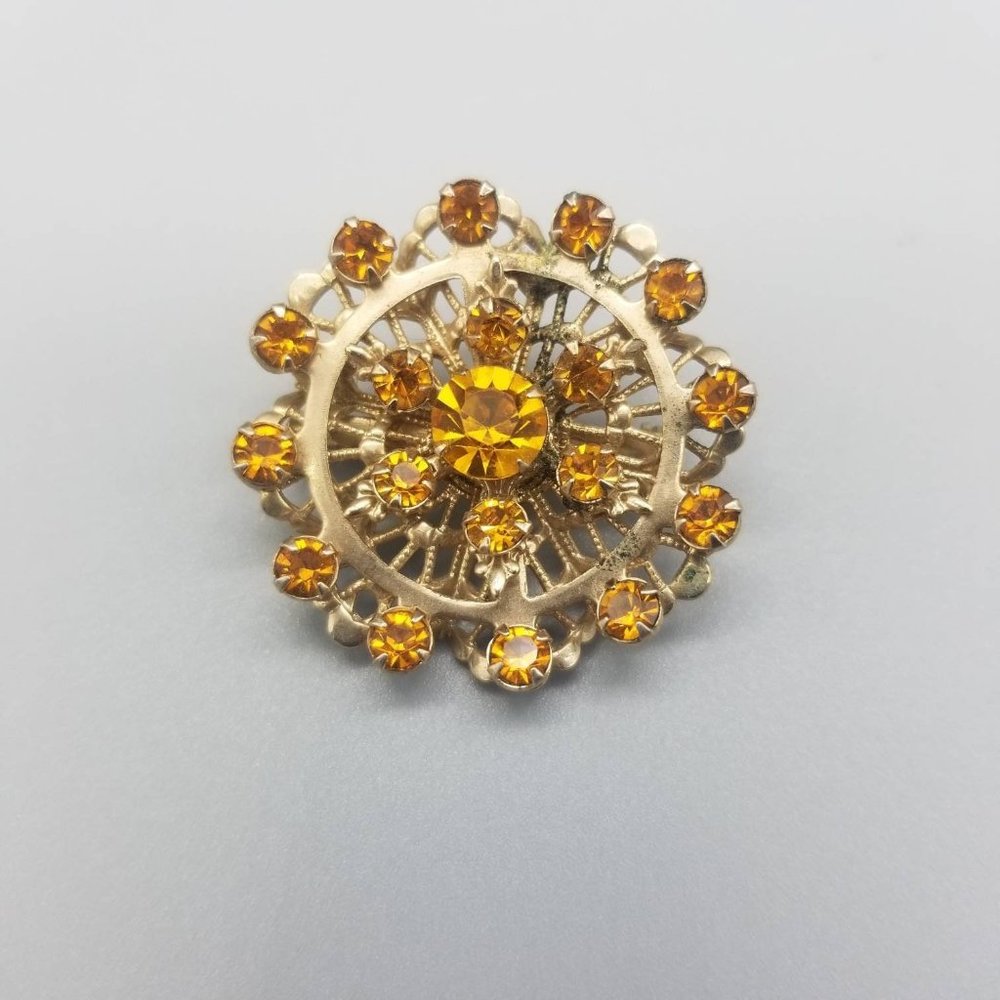 Amber Rhinestones Filigree Brooch